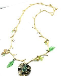 Artisan Necklace Pendant gold branch chain leaves pearl frog pendant lily pad